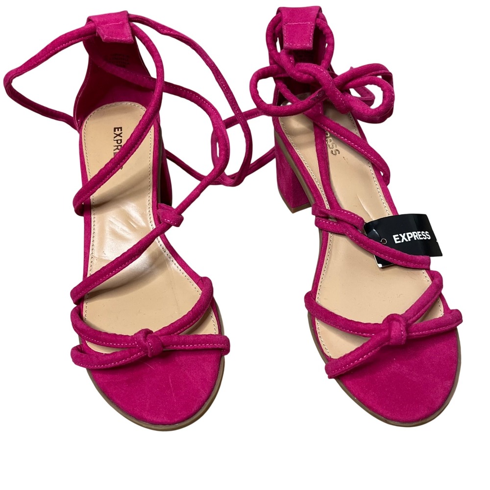 Express NEW Size 7 Hot‎ Pink Suede Lace Up Block Heel Sandals